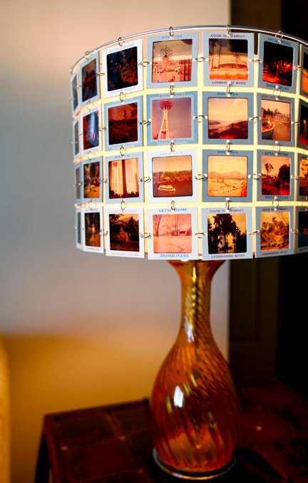 Lampshade made from vintage slides with amber glass base.