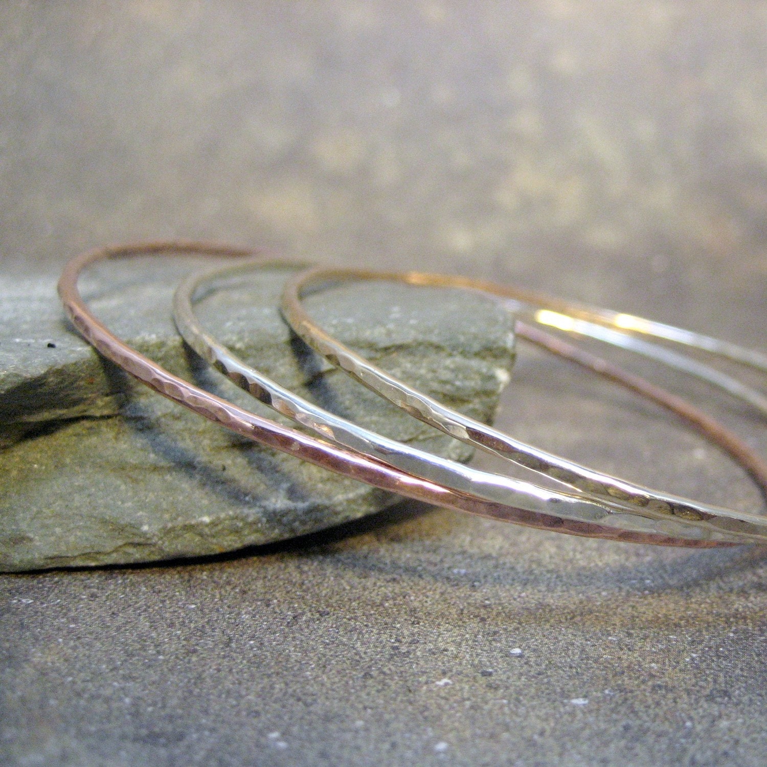 Set of 3 Bangle Bracelets - Stacking Style - Handmade Sterling Silver, Copper and Gold Filled Artisan Jewellery - Designed by A Second Time