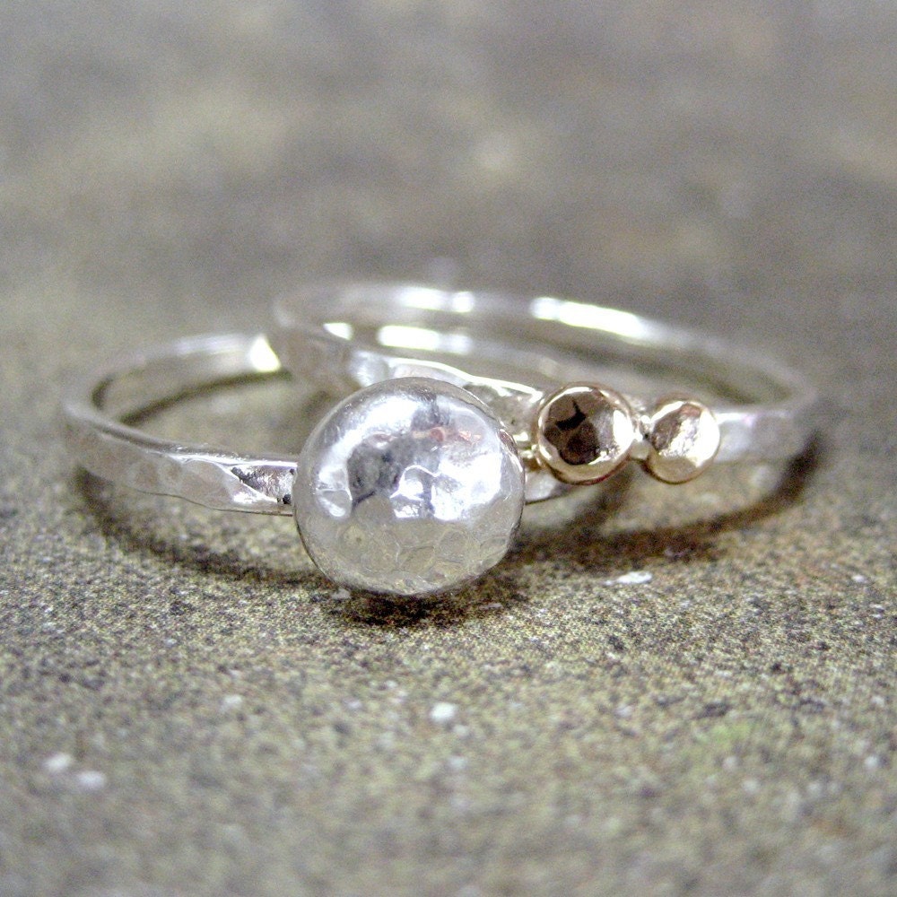 14K Gold Nuggets and Sterling Silver Stacking Rings - Set of 2 Unique Rings - Alternative Engagement Rings - Rustic Stack Rings