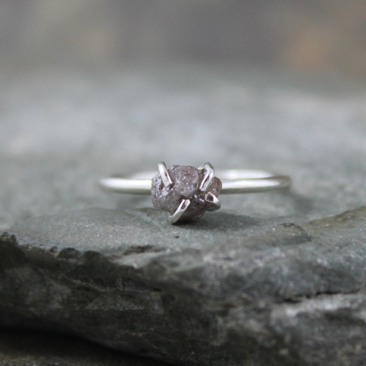 Diamond In The Rough Uncut Diamond Solitaire Engagement Ring - Sterling Silver Stacking Ring - Raw Diamond - April Birthstone - Rustic Ring