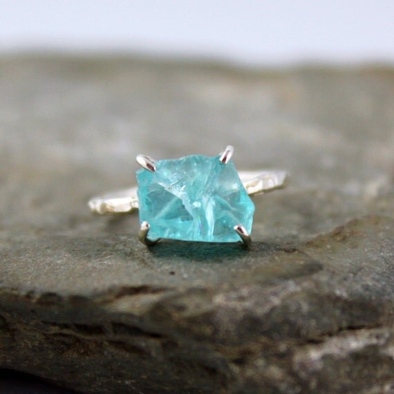 Apatite Sterling Silver Ring - Raw Uncut Rough Apatite - Handmade and Designed by A Second Time