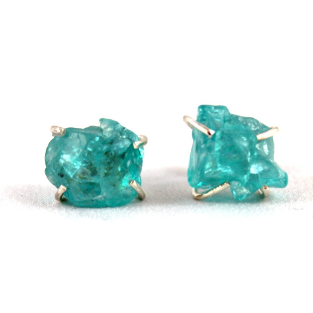 Uncut Raw Rough Apatite Earrings - Sterling Silver Stud Style Earrings - Handmade and Designed by A Second Time