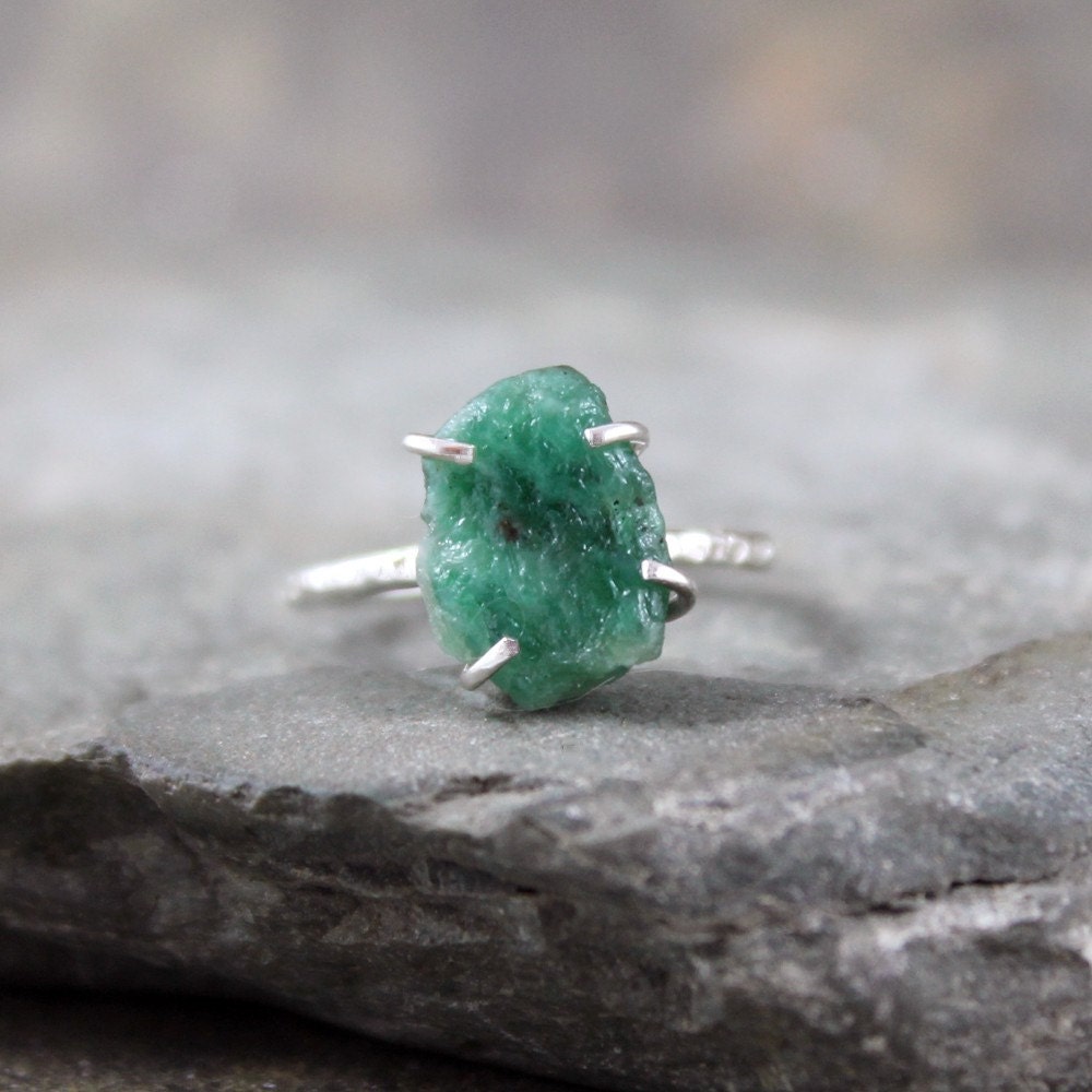 Uncut Raw Rough Green Emerald Ring - Sterling Silver Solitaire - Artisan Jewellery - Handmade and Designed by A Second Time