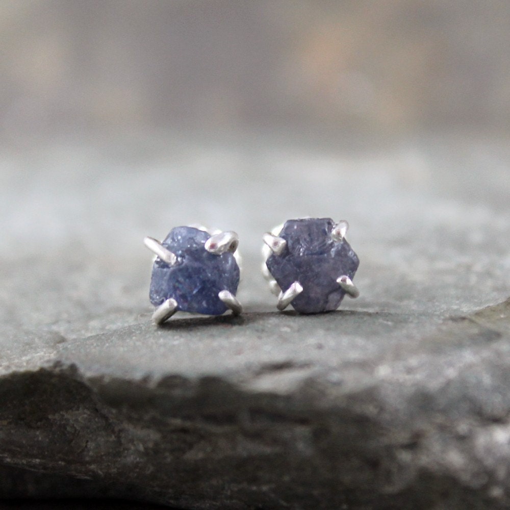 Uncut Raw Rough Blue Sapphire Earrings - Sterling Silver Stud Style - Rustic Round Shape - Handmade and Designed by A Second Time