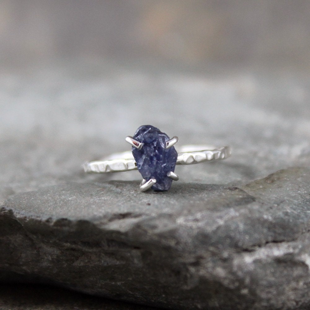 Uncut Raw Rough Blue Sapphire Ring - Sterling Silver Solitaire - Artisan Jewellery - Handmade and Designed by A Second Time