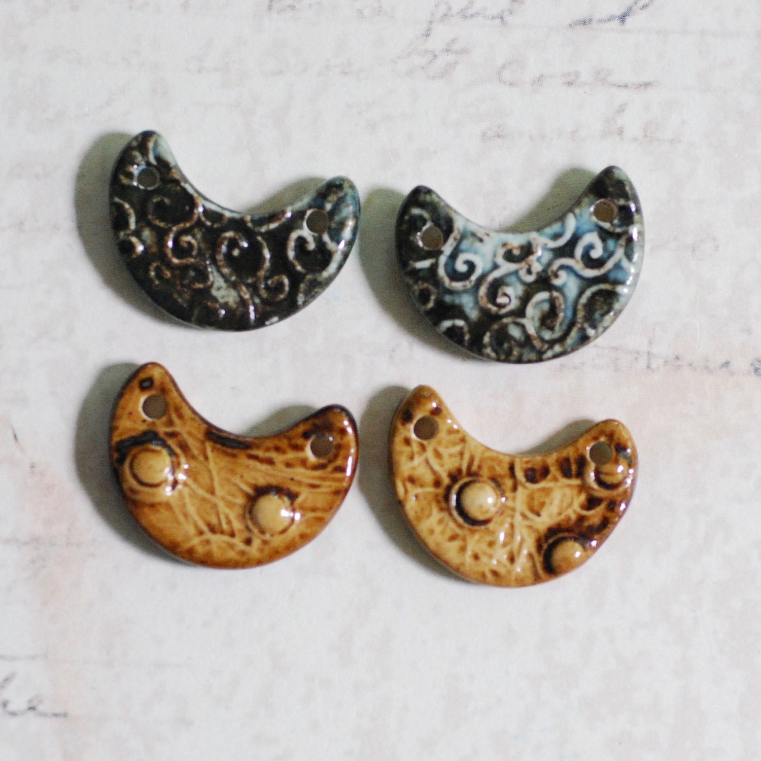 Spirals and Dots Crescent Moon Two Hole Porcelain Pendant Set in Old Oil Glaze