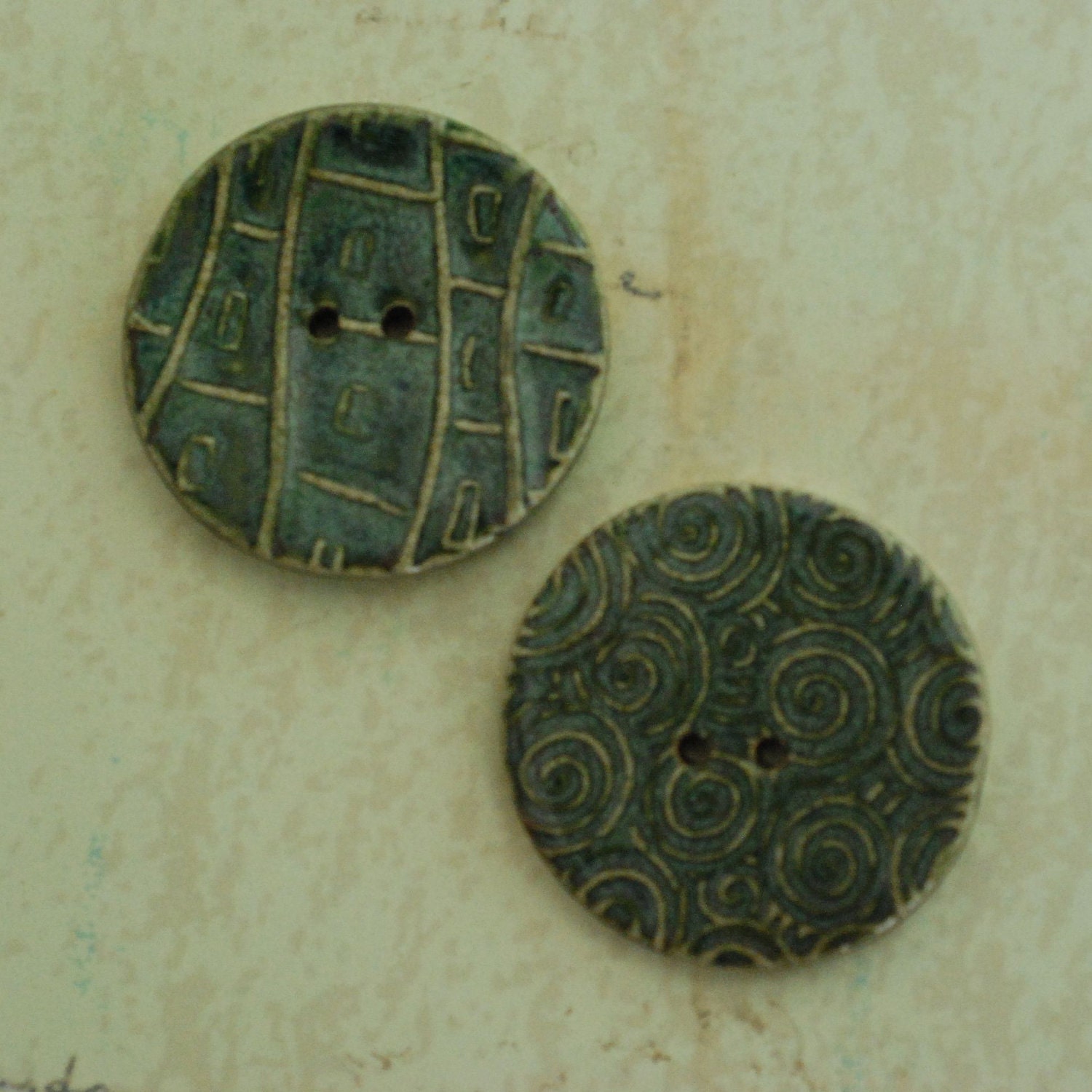 SALE: Ceramic Buttons Two Hole Porcelain Clay Green Burst Glaze