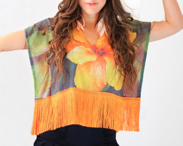 Tropical Beach Cover Up - Hawaiian Print Crop Top with Fringe