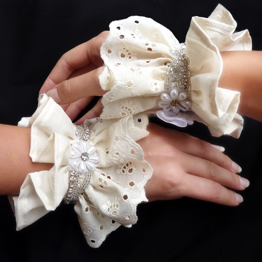 Victorian Lace Cuffs - Ivory Eyelet with Crystal Trim