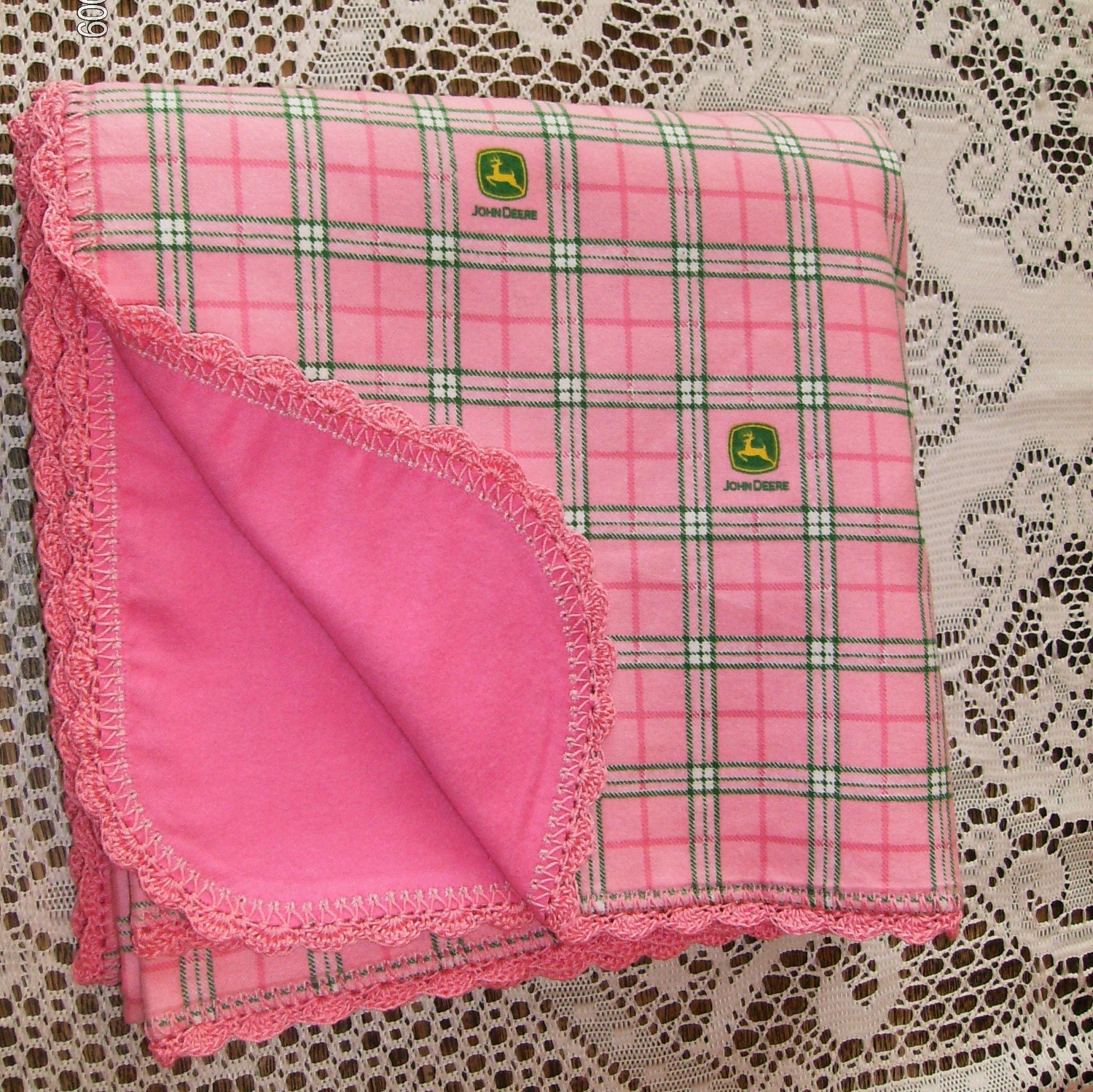 Pink Plaid John Deere Blanket Set