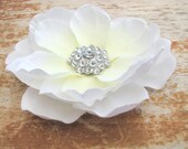 Elegant Soft White Magnolia Flower Hair Clip Fascinator with Large Cluster of Rhinestones set in Silver Center