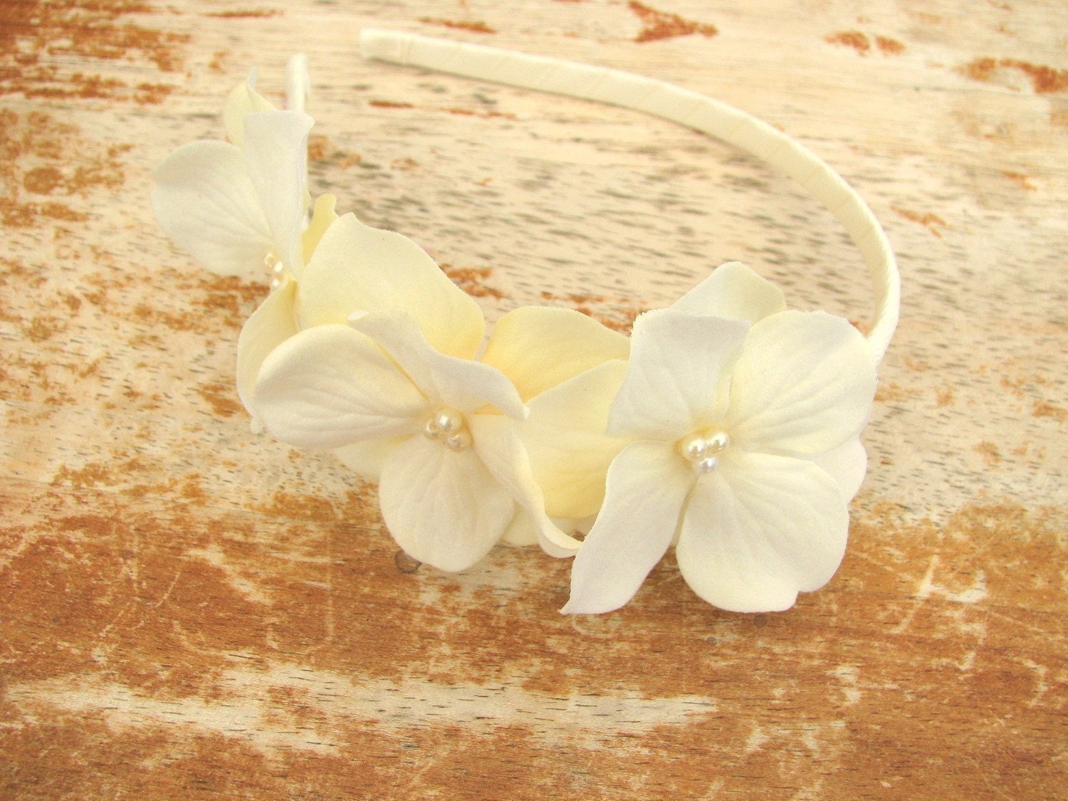 Cream Hydrangea Flowers on a Ivory Ribbon Wrapped Headband