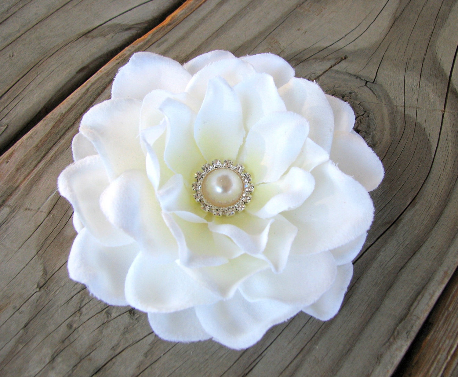 Bridal Antique White Flower Fascinator Hair Clip Gardenia with a Ring of Rhinestones around a Pearl Center