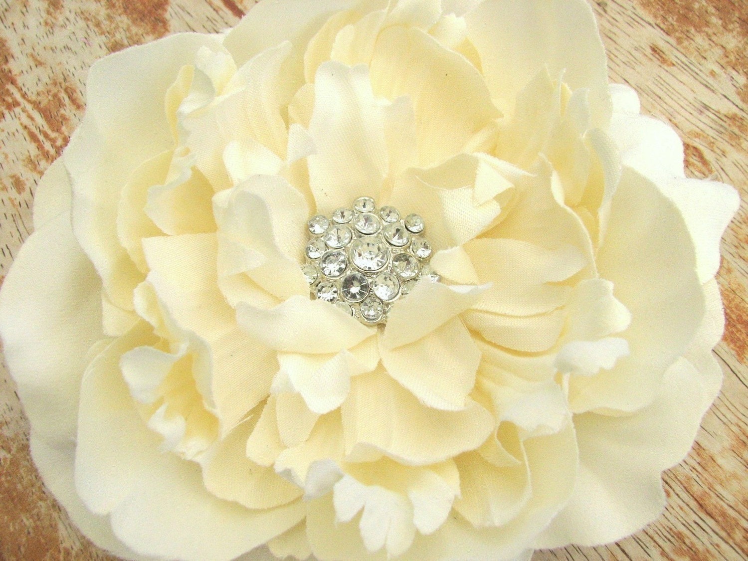 Ivory Flower Fascinator Hair Clip Peony with Rhinestone Button Center