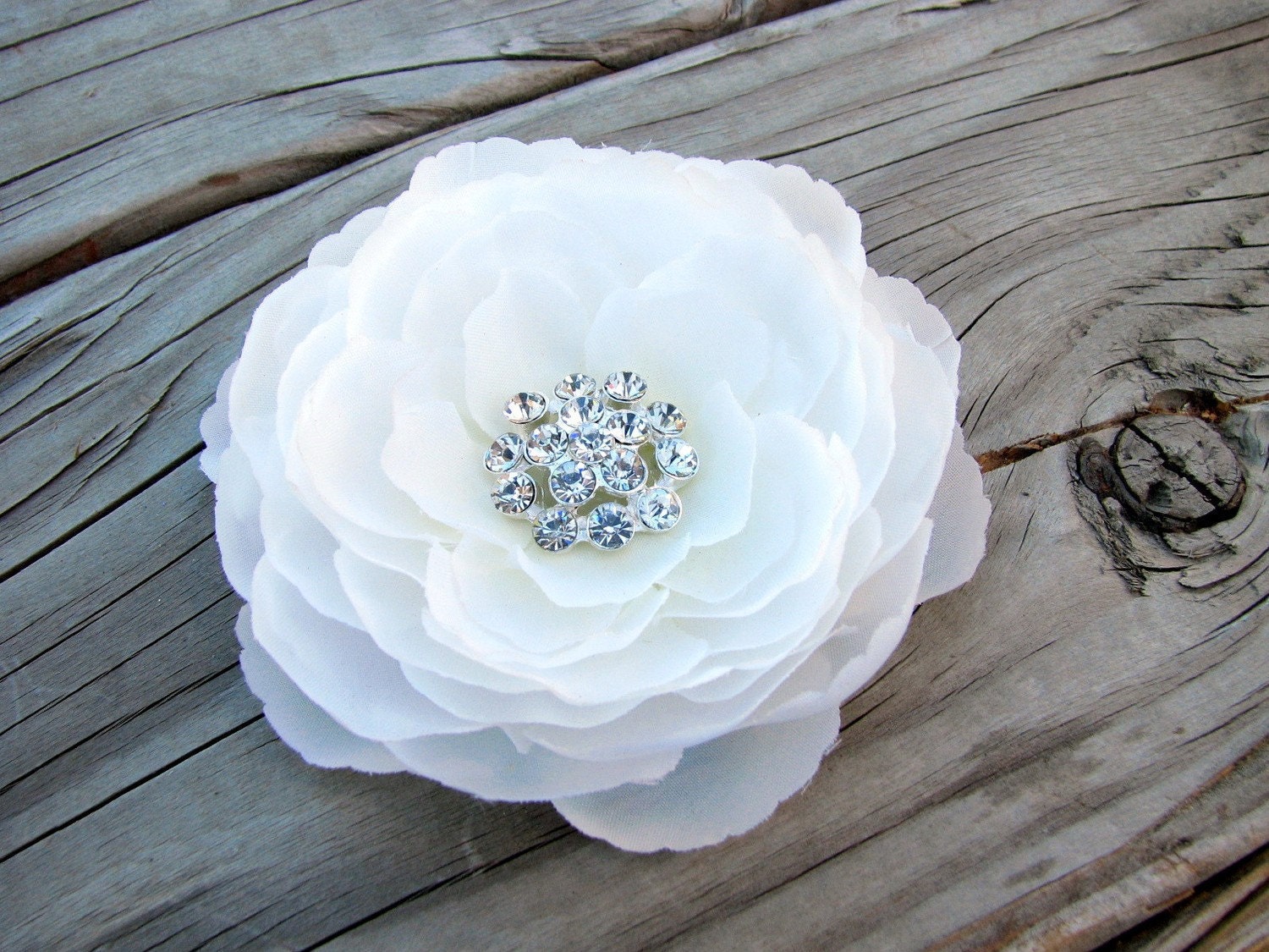 White Ranunculus Flower Fascinator Hair Clip with a Large Cluster of Rhinestones Center