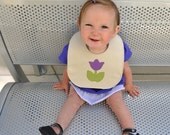 Mally Leather Baby Bib, Easy to Clean and Guaranteed Not to Stain, Reversible with Food Catcher, Purple and Lime Tulip - baby size