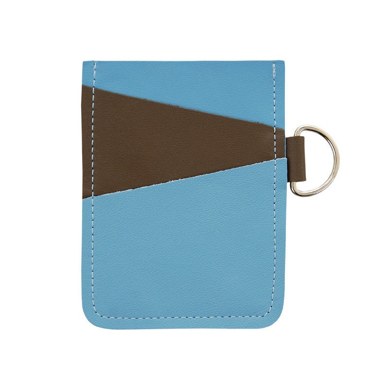 Mally Leather Credit Gift Business Card Holder with 3 slots and D ring, holds 12-20 cards - Chocolate Brown on Bright Blue