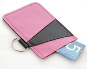 Mally Leather Gift Credit Business Card Holder with D ring, holds 12-20 cards - Black on Bubblegum Pink