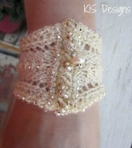 White Wedding Knitted Beaded Cuff