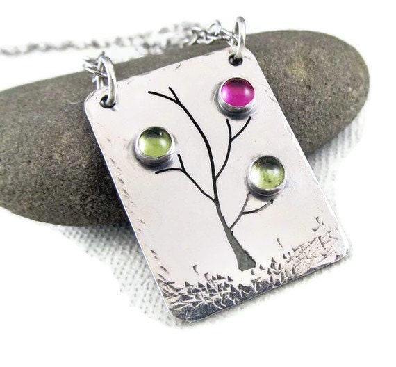 Mothers Necklace - Custom Mother's Birthstone Family Tree Necklace in Sterling Silver - 3 Birthstones