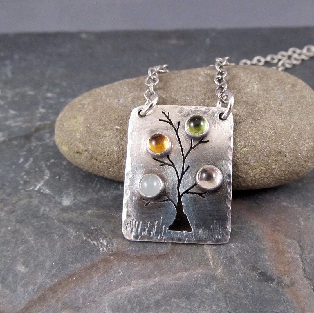Mothers Jewelry - Family Tree Birthstone Necklace in Sterling Silver - 4 stones