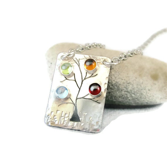 Mothers Jewelry - Family Tree Birthstone Necklace in Sterling Silver - 4 stones
