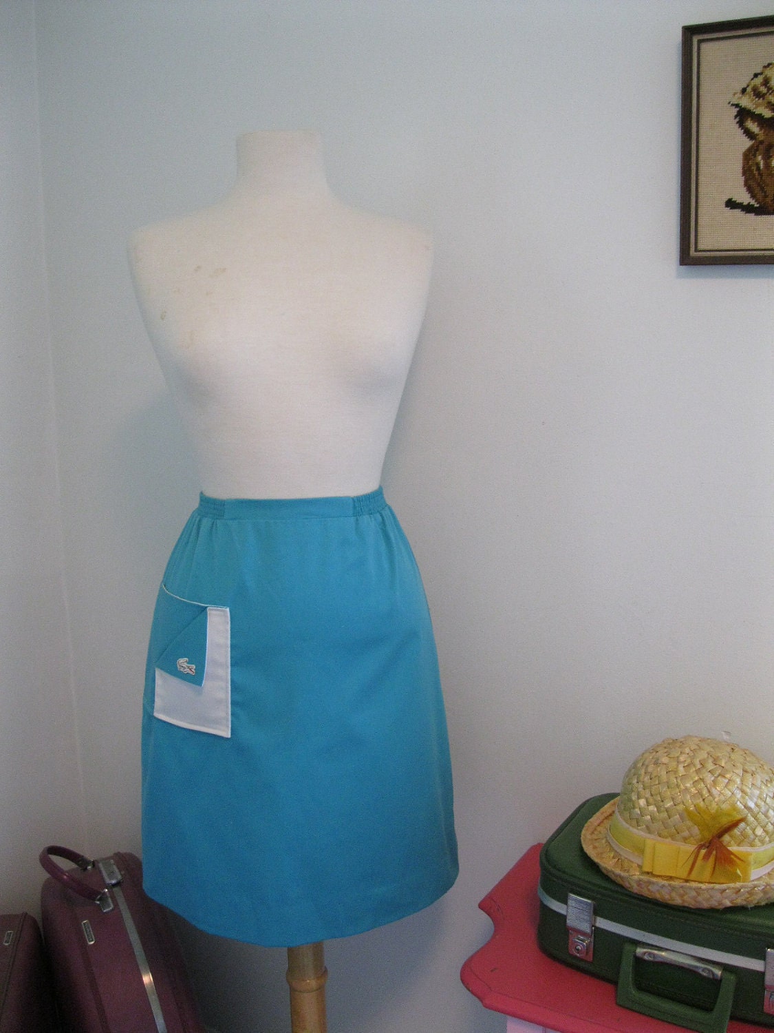 vintage LACOSTE skirt GREEN AQUA with white gator 1980s 80s