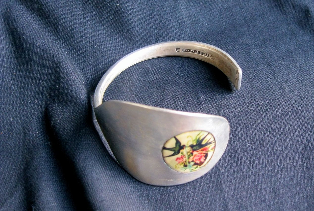 Vintage spoon silver birds enamel Bracelet recycle