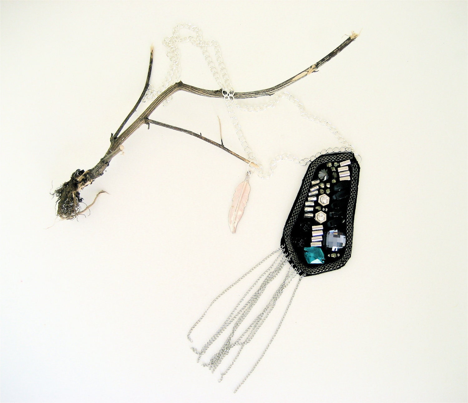 Tribal Necklace, Felt and Feather Textile Necklace