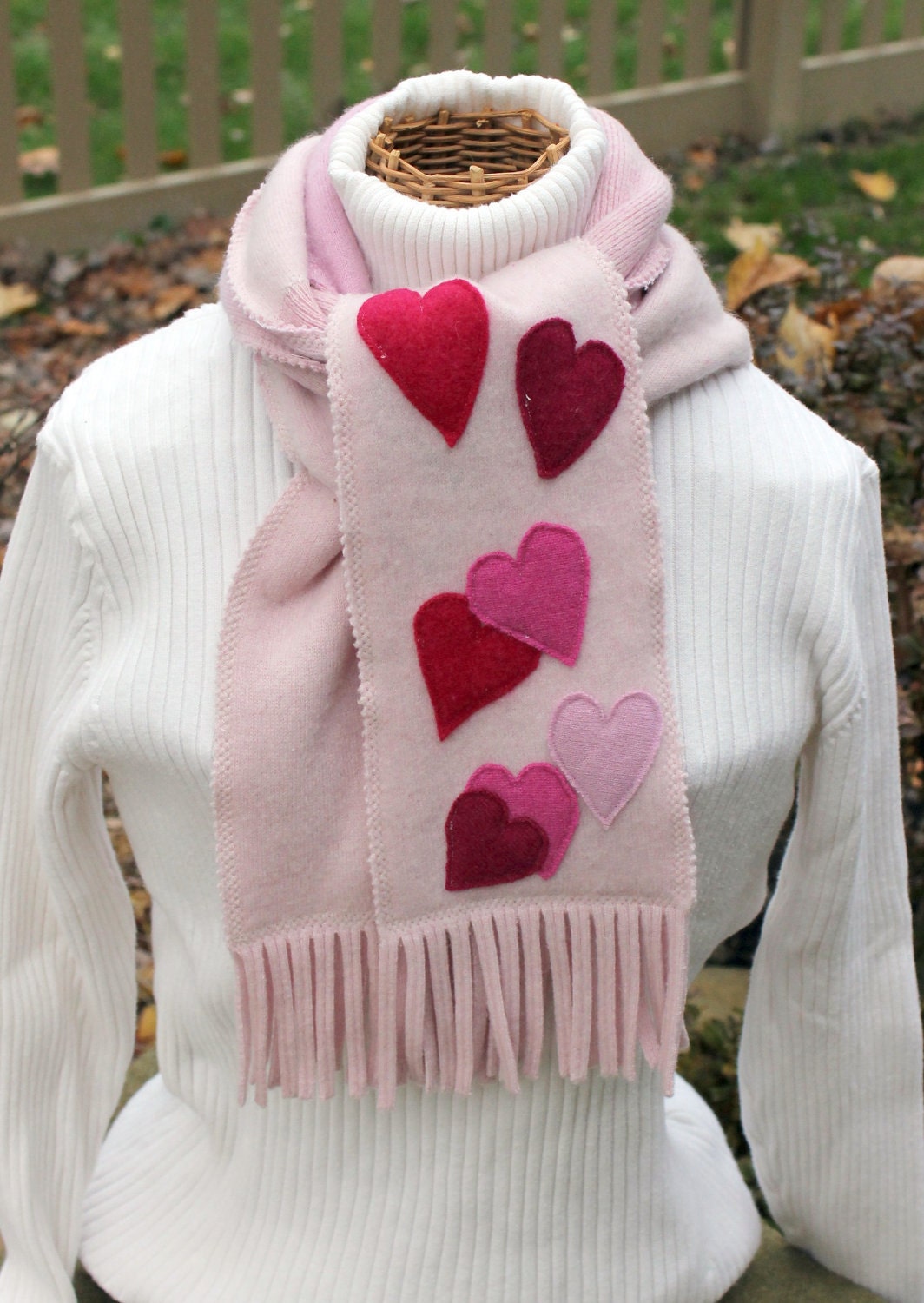 Recycled cashmere scarf -- heart motif, pale pink, ivory, fuchsia, hot pink, petal pink