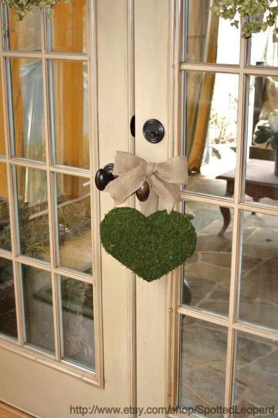 Moss Covered Heart Door Pew Wedding Wreath 8 inch with Burlap Ribbon
