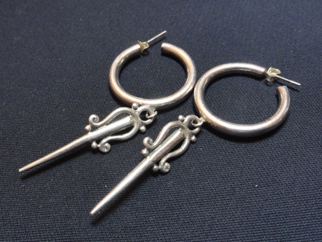 50s Hoop with Sword Dangle Earrings-- Sterling SIlver 925