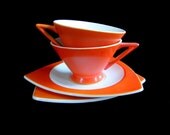 Atomic Art Deco Salem Streamline Cups w/ Tricorne Saucers in Mandarin Orange - Set of 2, Grade A