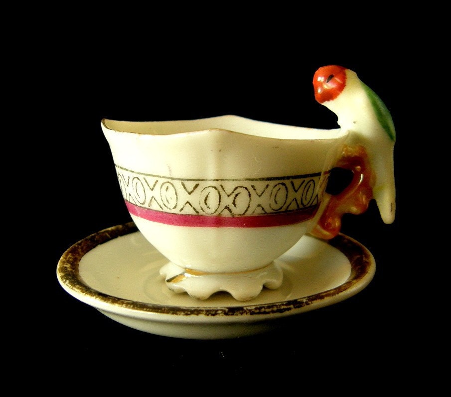 Mini Teacup and Saucer Set Parrot Handle MIJ