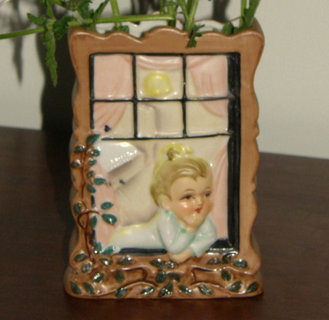 Wall Pocket Vase, Vintage Porcelain MIJ - Darling Embossed Figural, Girl Gazing Out Window