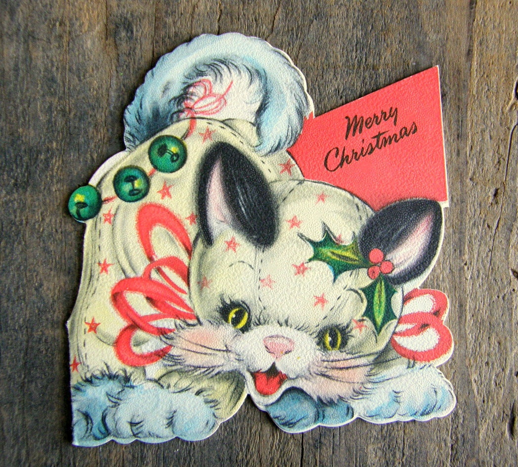 Vintage Christmas Cat Card - 1946 Hallmark Kitty Cat