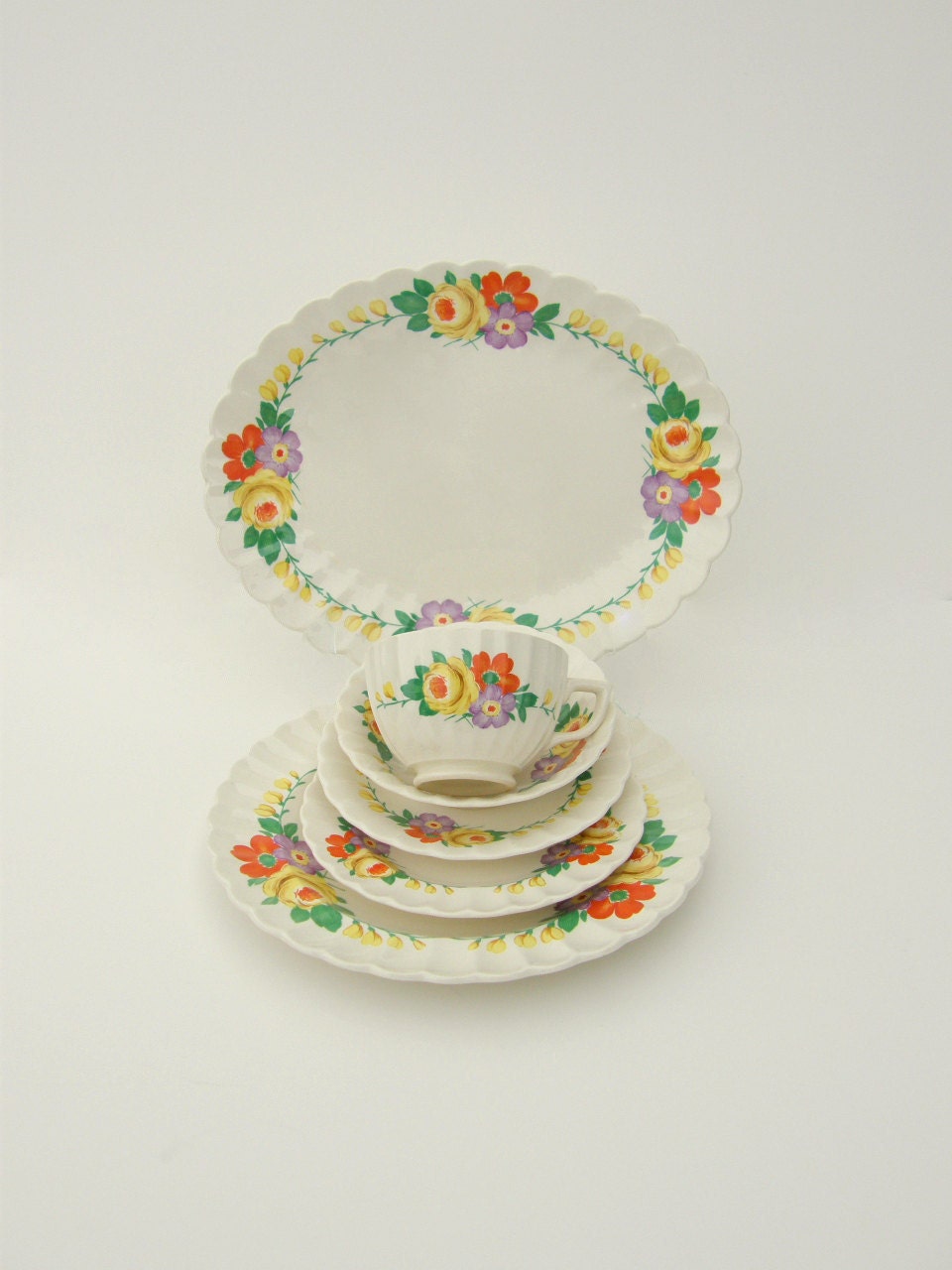 Gorgeous 1920s Floral Dinnerware Set for 5 Plus: Sebring Corinthian shape, Constant pattern - RESERVED for Eloise, 2 of 2