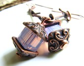 Copper Earrings, Crystal Lantern Lavender Dangles Chinese Inspired, Translucent Pink, Rustic Jewelry