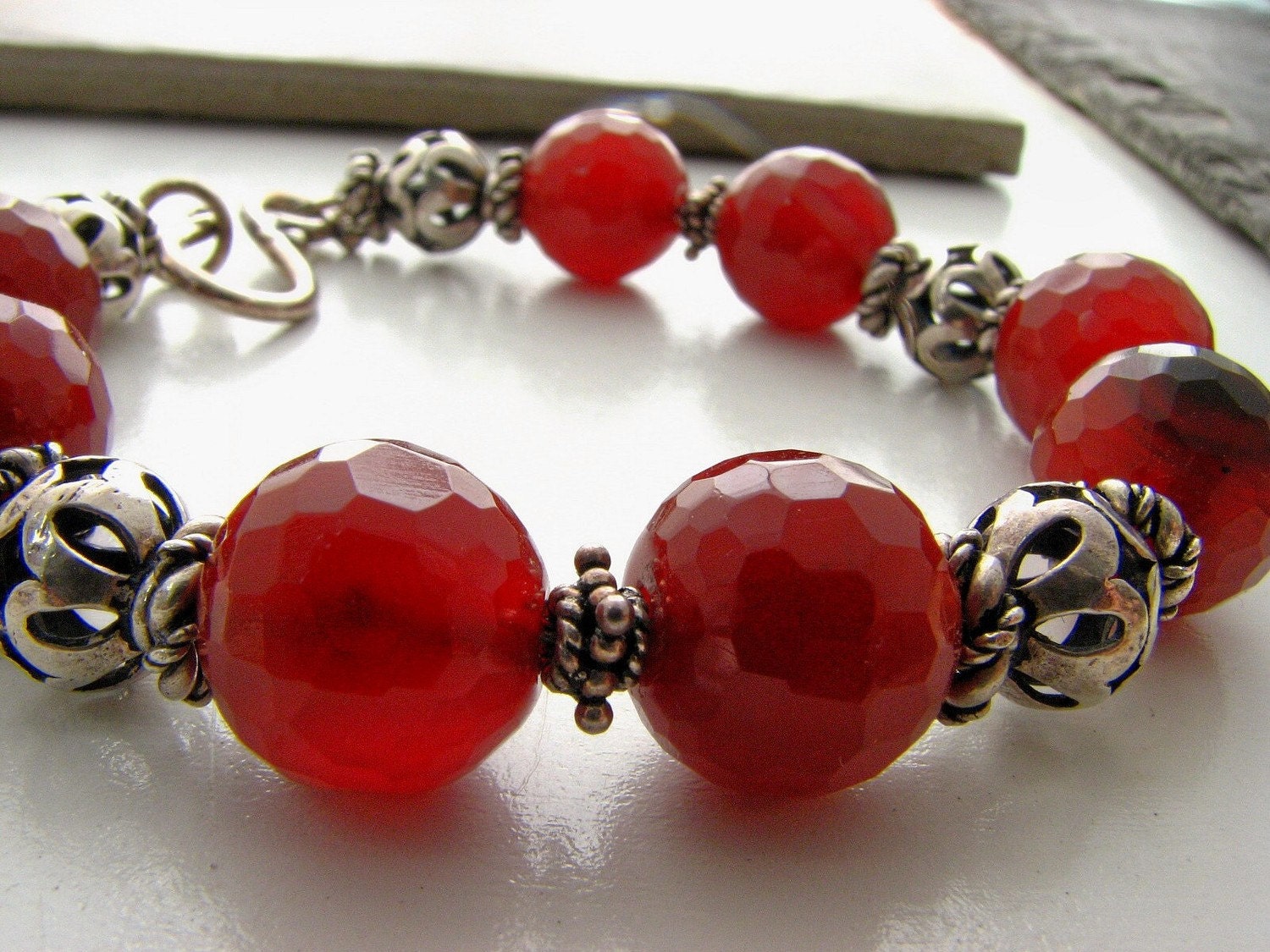 Carnelian and Sterling Bracelet, Sterling Silver Ornate Beads Deep Red and Sterling Jewelry