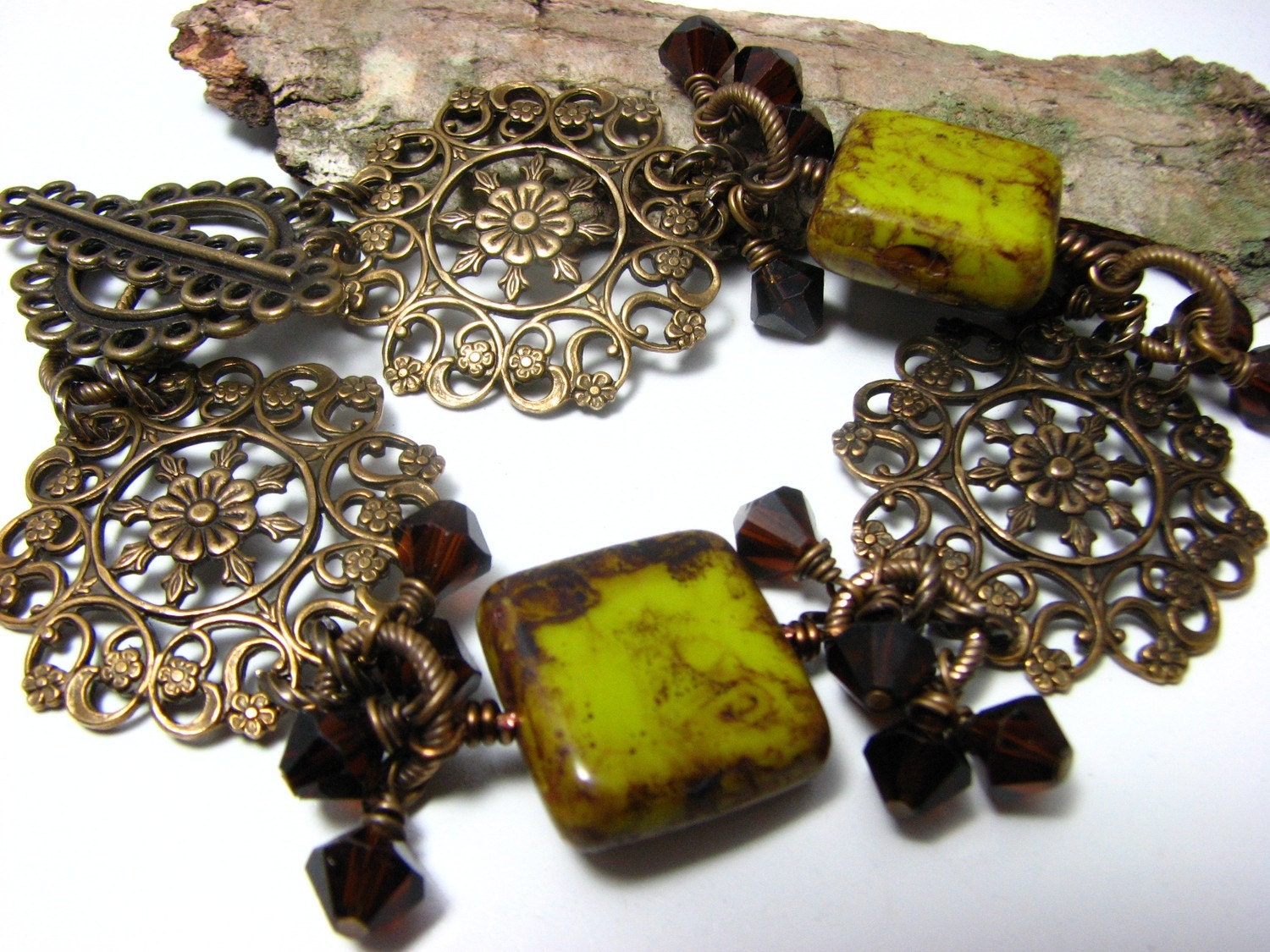 Rustic Green Bracelet, Mossy Green Glass, Swarovski, Brass Chain and Vintage Style Filigree Bracelet, Rustic Jewelry