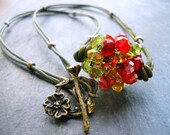 Autumn Crystal and Leather Necklace, Crystal Beaded Bead, Olive Leather, Antique Brass Floral Toggle