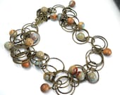 Aqua Gemstone Brass Circles Necklace, Aqua Terra Jasper, Antiqued Brass Circles Chain, Rustic, Natural, Autumn Fashion