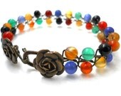 Beaded Gemstone Braided bracelet, multi colored, brass wrapped flower buttons, bridal accessories, rustic wedding