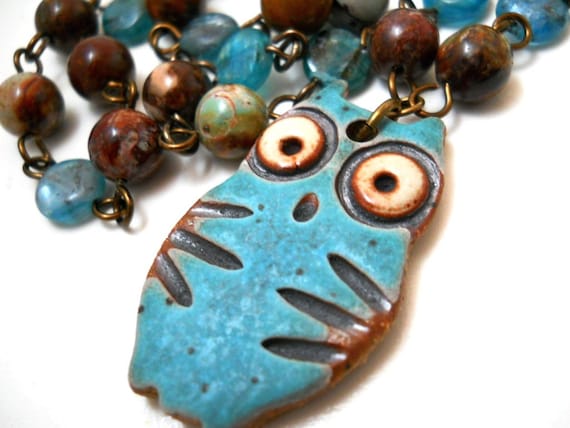 Ceramic Owl and Gemstone Necklace, Multi Colored Jasper, Aqua Blue Turqoise Rustic Ceramic Owl Pendant, Bird Fashion