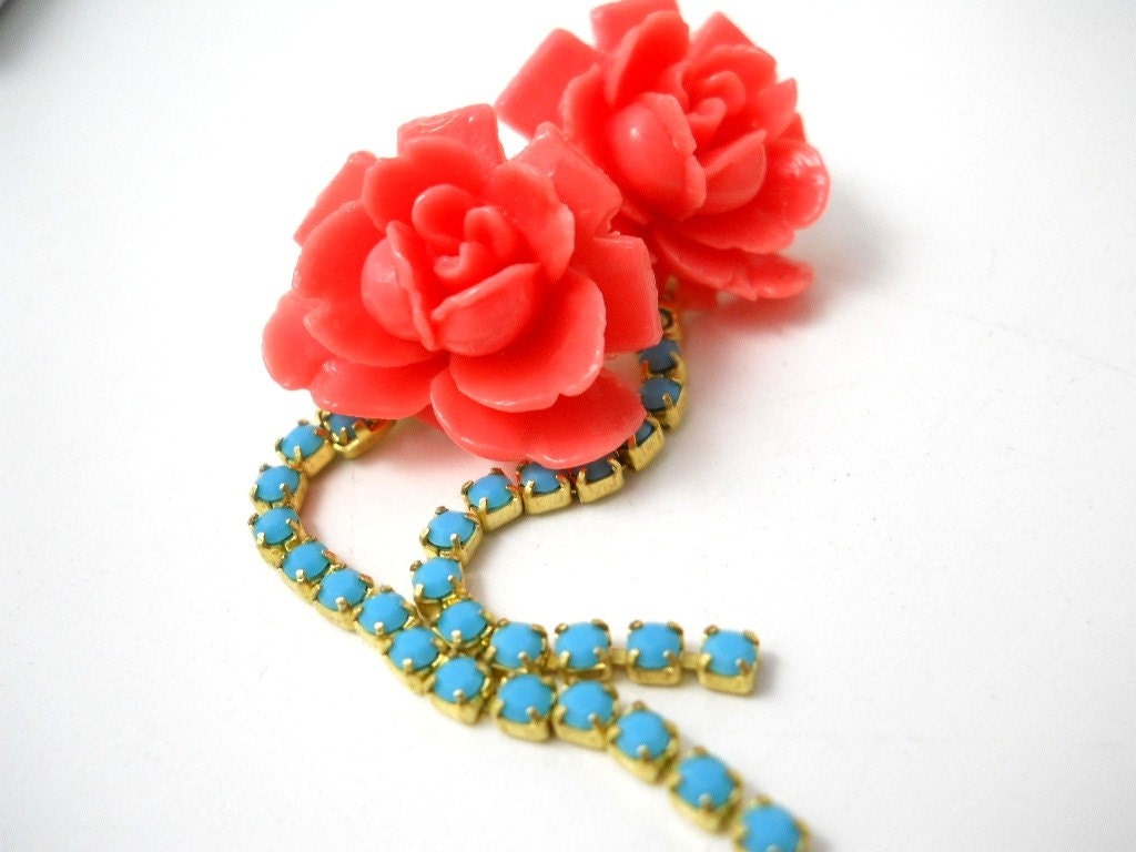 Flower Rhinestone Earrings, Salmon Rose, Turquoise Crystal Rhinestone, Vintage Inspired, Victorian Style