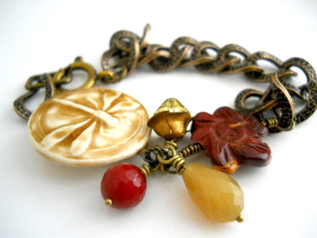 Dragonfly and Cranberries Bracelet, Ceramic Honey Glazed Dragonfly Focal, Ruby Magenta Quartz, Agate Carved Flower, Honey Jasper Teardrop, Crystal and Textured Antiqued Brass Chain
