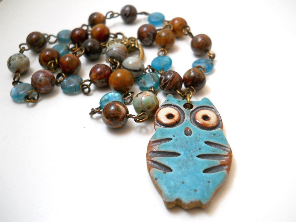 Ceramic Owl and Gemstone Necklace, Multi Colored Jasper, Aqua Blue Turqoise Rustic Ceramic Owl Pendant, Bird Fashion