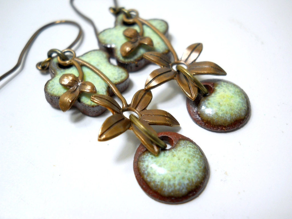 Green Flower Earrings, Elaine Ray Ceramic Beads Brass Flower Drops, Sage Green, Floral Jewelry, Bridesmaid Jewelry