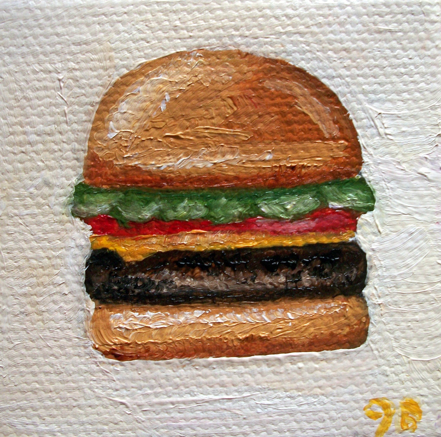 Original Mini Cheeseburger Oil Painting 2x2