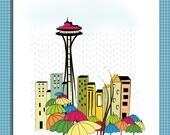 hand made card Beautiful seattle with  rain and coffee. handmade greeting card